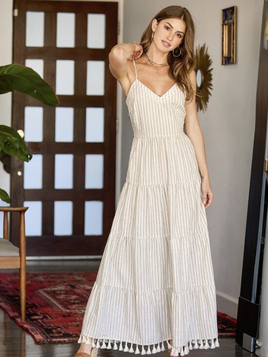 Lulus Dresses & Skirts - Lulus Beauty at the Beach Tan Striped Tiered Tassel Maxi Dress NWT